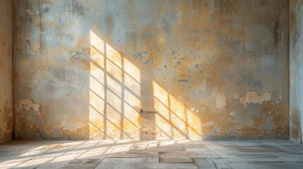 Wall Mural - Sunlight shining through a window onto a wooden floor and weathered wall. AI.