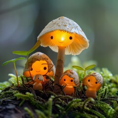 Wall Mural - A group of glowing mushrooms in the forest. AI.