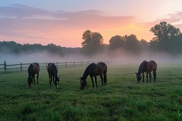 Wall Mural - Horses grazing in a foggy field at sunrise. AI.