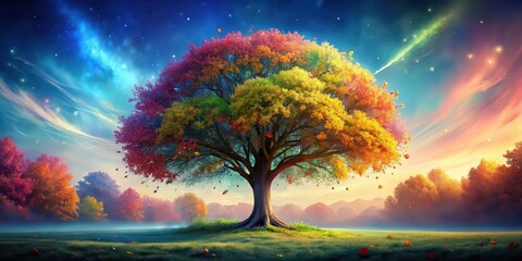 Poster - Majestic fantasy tree with colorful swirling leaves, fantasy, tree, mystical, magical, whimsical, nature, forest