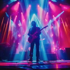 Sticker - A guitarist performing on stage with a colorful light show. AI.