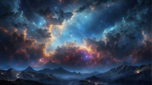 A beautiful landscape of a mountain range under a starry night sky. AI.