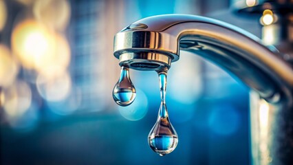 Wall Mural - A serene close-up of a dripping faucet with a few droplets suspended in mid-air above a half-filled glass.