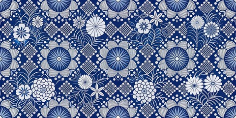 Sticker - Traditional Japanese seamless pattern with floral and geometric motifs in a blue and white color scheme, Japan