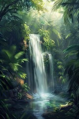Wall Mural - A lush waterfall cascading in a jungle, with a softly blurred background of dense tropical vegetation. 