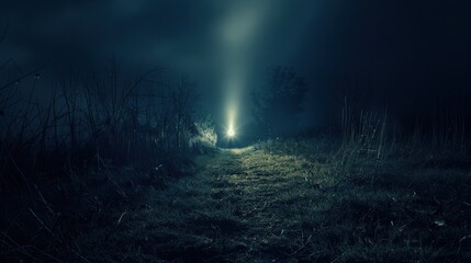 Wall Mural - A dark, foggy night with a light shining in the distance