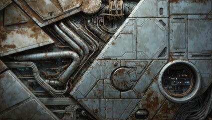 Canvas Print - A rusty metal panel with intricate piping and a control panel