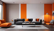 © 4K_Heaven - Featuring a plain wall backdrop with modern orange tones, the minimalist living room creates a calm and stylish environment for guests to unwind and enjoy their stay, Generative AI