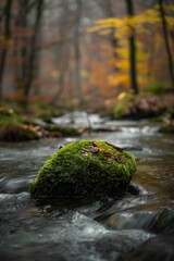 Wall Mural - A moss-covered rock in a gently flowing stream, with a softly blurred background of forest foliage and water.