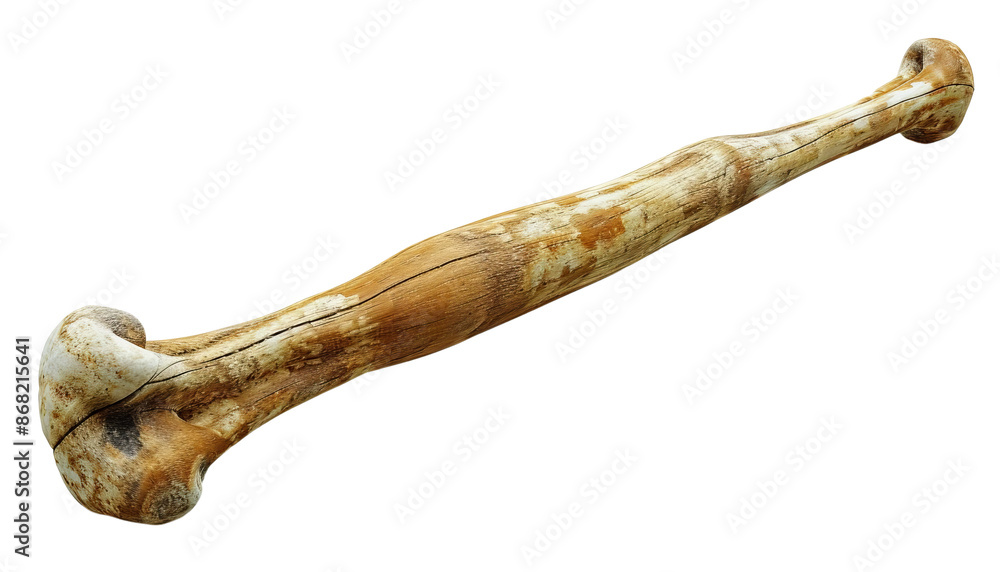 High-resolution ancient animal leg bone fossil isolated on white background. Perfect for educational purposes, museums, and paleontology studies.