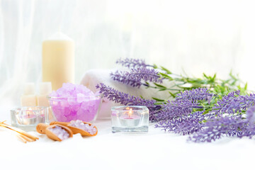 Wall Mural - Soft and focus. Spa beauty massage health wellness background.  Spa Thai therapy treatment aromatherapy for body woman with lavender flower nature candle for relax and summer time