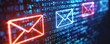 © NEW - Digital email icon glowing on a binary code background, representing communication, technology, and data transfer in a modern digital world.