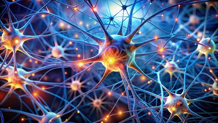 Poster - Close-up shot of neural connections in the brain, illustrating complex network of interconnected neurons, neural connections