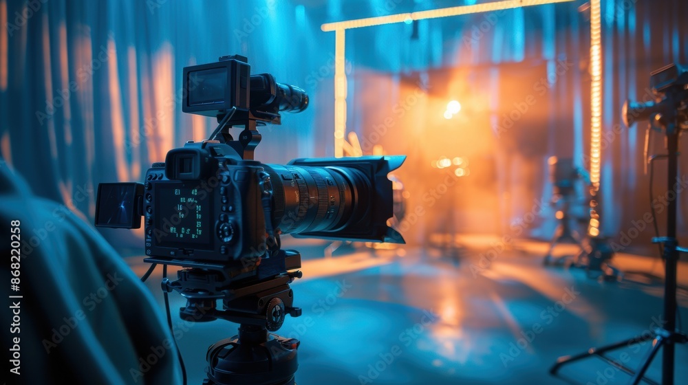 Camera Filmage Professional Camera Setup in a Studio with Dramatic Lighting for Film ...