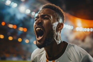 Soccer player screaming with excitement during championship game