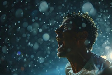 Young soccer player shouting under heavy rain at night