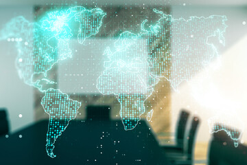 Wall Mural - abstract creative world map interface on a modern conference room background, international trading 