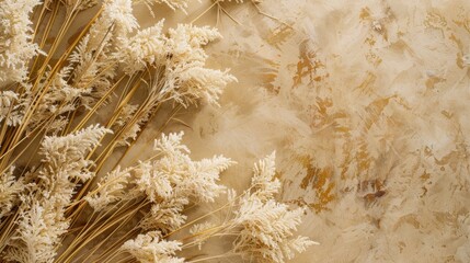 Poster - Stylish dry grass stock scene in warm beige and sand tones for wedding invitation or presentation viewing from above