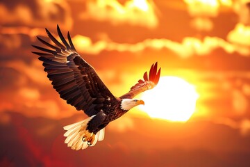 A majestic eagle icon soaring across a digital sunrise