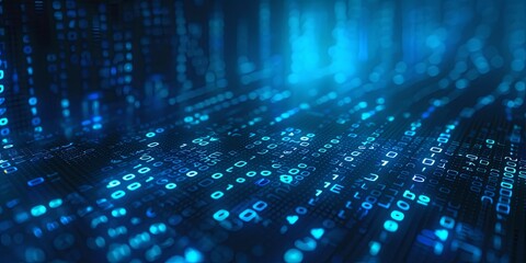 Futuristic technology background of binary code flowing in digital space. Concept of big data, cybersecurity, programming, and software development