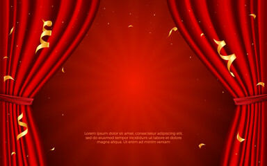 Stage background with realistic 3d red show curtains, theater scene vector background with golden confetti.