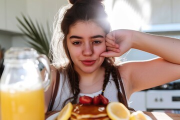 Wall Mural - Mapple Syrup Over the Pancakes A girl drizzling mapple syrup over some freshly cooked pancakes