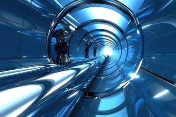 Futuristic metallic tunnel with blue light, concept of technology, innovation, and the future