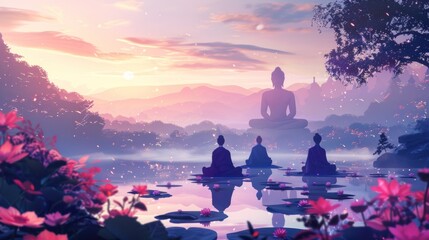 Buddhism concept Generative AI picture with people doing yoga in nature feel connection with buddha 