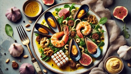 Plate of food with shrimp, mussels, figs and vegetables on table