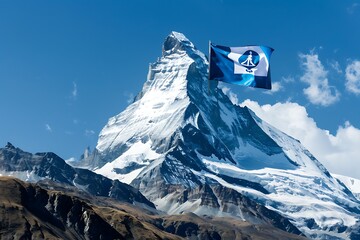 Wall Mural - A mountain peak with a flag that has a wellness symbol, illustrating the achievement of health goals