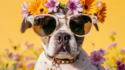 Wall Mural - Abstract animal portrait of a dog with sunglasses covered with fresh, spring flowers. A dog dressed as a hipster for a music festival. 