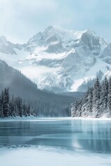 Wall Mural - Snow-capped mountains overlooking a frozen lake, with a softly blurred background of snowy trees and sky. 