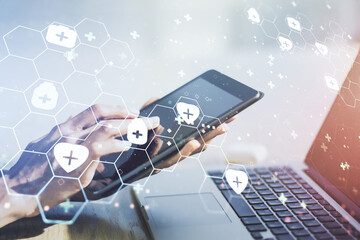 double exposure of creative abstract medical hologram and finger clicks on a digital tablet on backg