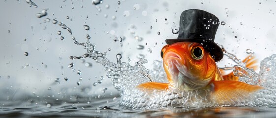 A fish wearing a top hat is swimming in a body of water