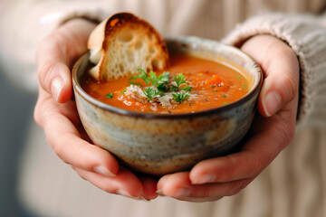 hands holding warm tomato soup with bread winter nourishing