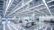 © DigitalArt Max - Modern sleek white ceiling with rows of bright energy-efficient LED light strips illuminating a spacious empty high-tech laboratory interior.