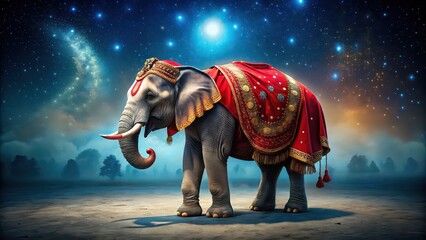 Sticker - Elephant wearing a red costume in the night, elephant, costume, red, night, whimsical, surreal, fantasy, wildlife, animal