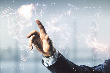 Wall Mural - man hand working with abstract creative world map interface on blurred office background, internatio