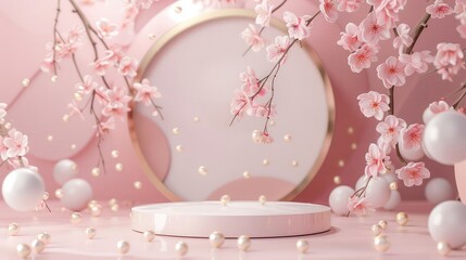 Wall Mural - Podium background flower rose product for advertising, background, pink podium display. Sakura pink flower falling, pink podium with cherry blossom, minimal design
