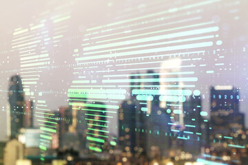Wall Mural - double exposure of abstract digital world map on blurry cityscape background, research and strategy 