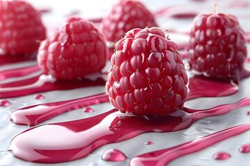 Wall Mural - Fresh Raspberries with Berry Sauce on Silver Surface - Perfect for Food Photography, Poster Design, or Culinary Art