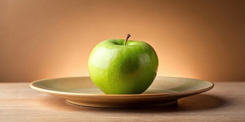 Wall Mural - Crisp green apple on light brown plate with warm background, green apple, healthy, fresh, fruit, natural, organic, food, nutrition, close-up