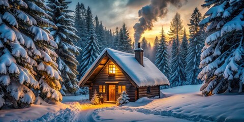 Sticker - Cozy cabin nestled in a snowy forest with smoking chimney and warm lights , Winter, cabin, forest, snow, trees, cozy