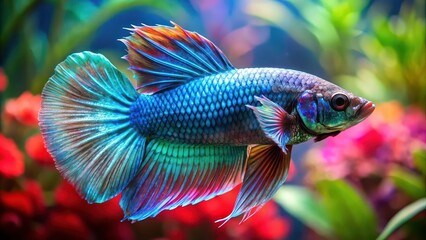 Poster - Exotic betta fish with striking blue and green scales swimming in colorful aquarium , betta fish, exotic, multicolored, vibrant