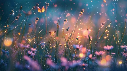 Wall Mural - Field of flowers with butterflies flying above on a background of soft, hazy golden light