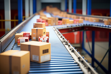Conveyor belt carrying packaged goods to the loading dock. Generative AI