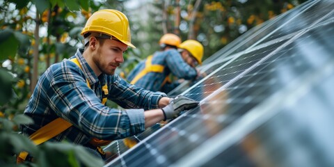 Canvas Print - worker installing solar panels
