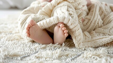 baby little feet covered with lightweight cotton baby knit blanket