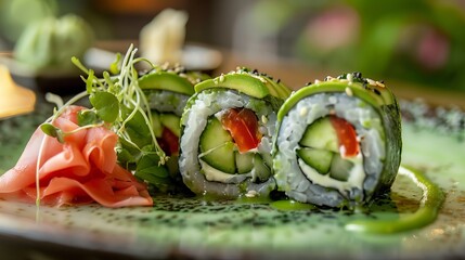 Wall Mural - Cucumber, avocado, tomato, cream cheese, and wakame rolls served on a plate. Soy sauce, wasabi, and ginger are included. Japanese food that is typically eaten for lunch in restaurants.