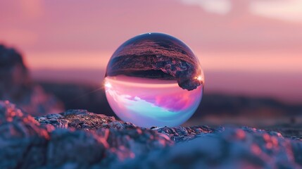 Poster - Clear gradient pop bubble reflection with beautiful landscape background
